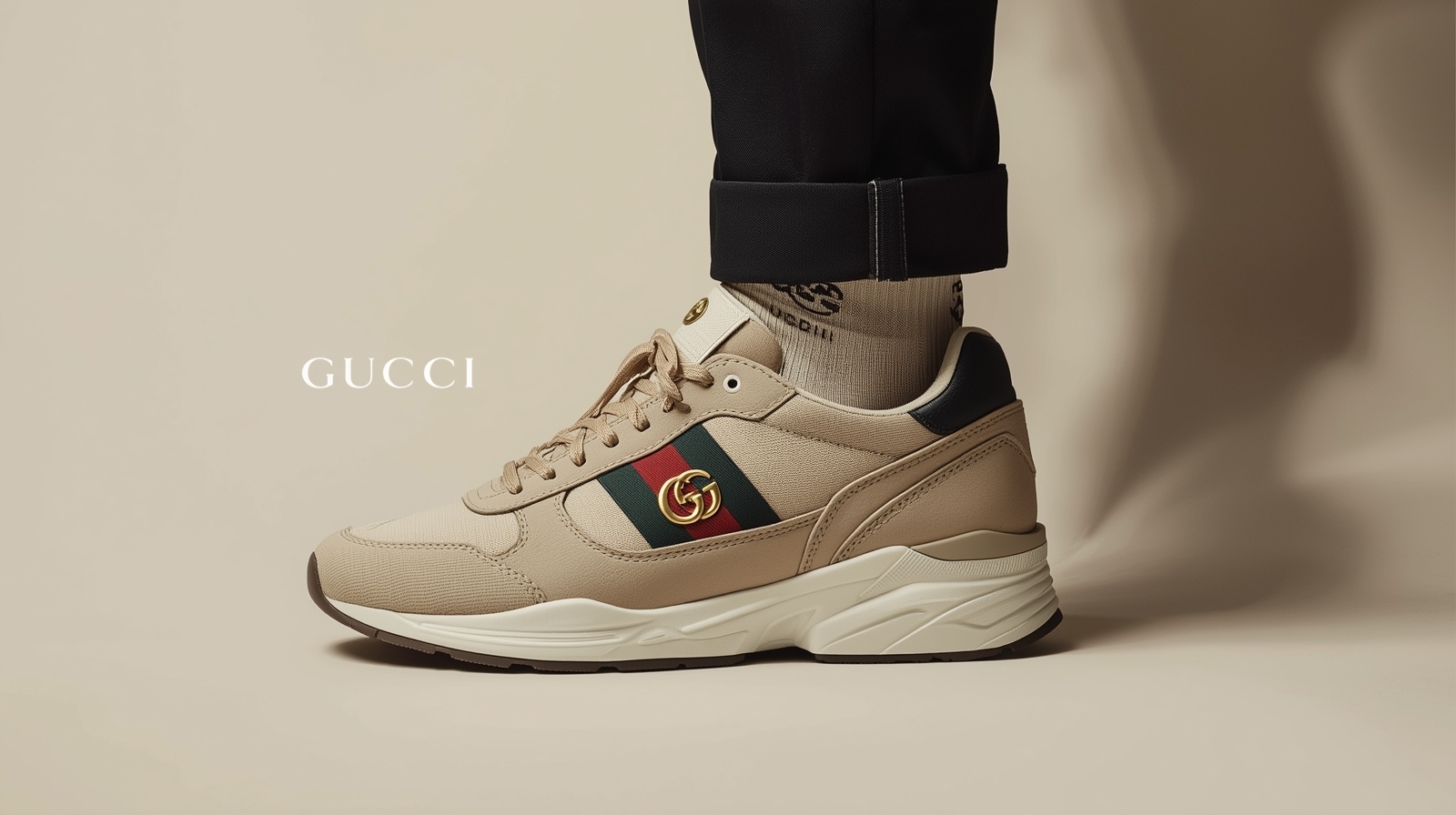 Editorial banner featuring premium Gucci tennis shoes styling